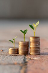 Poster - Sustainable financial growth concept with three stacks of coins and sprouting plants showing future investment outcomes and banking savings promotion