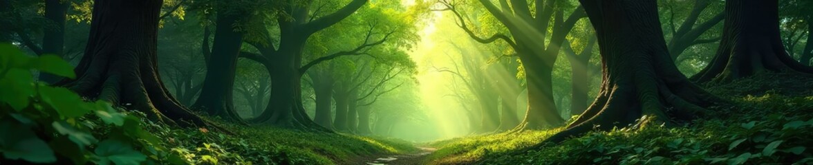 Sticker - Sunlight dappling through the leaves of a dense, ancient forest, creating a magical atmosphere Perfect for nature, environmental, and fantasy themes , woods, old-growth