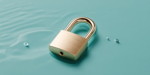 Poster - Levitation Bronze Lock and Key Hovering Over Azure Surface with Modern Security Concept for Digital Privacy and Trusted Protection Solutions