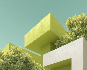 Poster - Imaginative geometric architecture with sharp edges and overlapping structures in urban landscape featuring angular shadows for modern real estate marketing