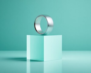 Aufkleber - Minimalist Metallic Smart Ring on Geometric Cube with Pastel Background - Modern Wearable Tech Showcase for Lifestyle and Innovation