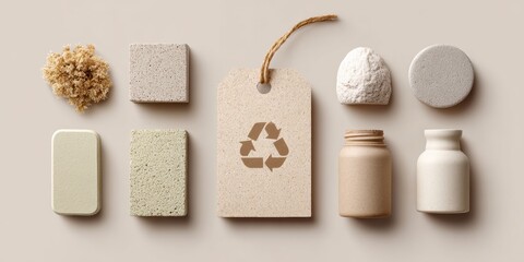 Poster - Circular Economy Lifestyle Flat Lay with Seed Paper Tag and Recycled Packaging Elements in Neutral Tones for Sustainable Branding and Eco Marketing
