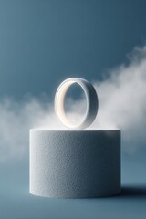 Poster - Futuristic Biohacking Ring with Sleep Score Interface on Textured Pedestal in Navy Fog - Wearable Tech for Wellness and Modern Health Monitoring