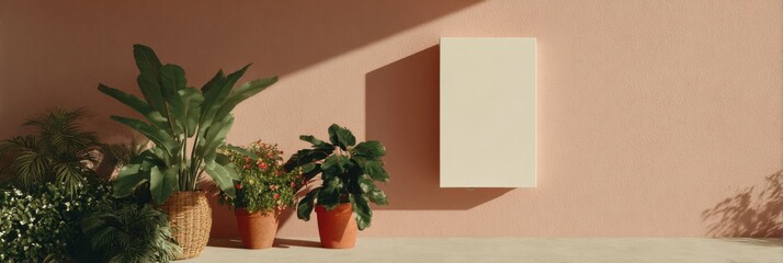 Poster - Modern home garage wall with sleek battery pack and lush plants showcasing sustainable energy storage and eco-friendly solar power in stylish outdoor setting