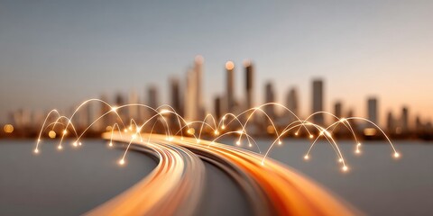Aufkleber - Futuristic city skyline at twilight with glowing network connections symbolizing global communication and technology-driven urban market expansion