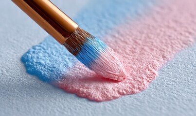 Aufkleber - Close-up of Watercolor Brush Blending Blue and Pink Pigments on Paper Fibers for Art Therapy and Creative Wellness Trends