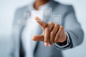 Poster - Business professional interacting with floating zero trust security icons in clean minimalistic office environment for modern cybersecurity frameworks