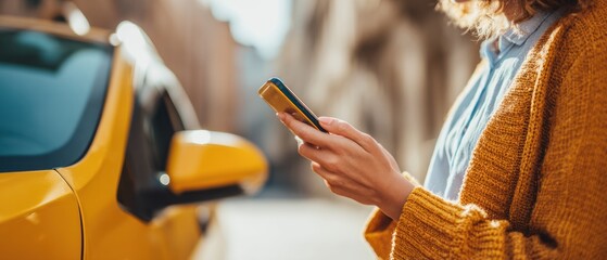 Poster - Urban rideshare user holding smartphone beside car with warm cozy lighting, digital mobility app interface, modern connectivity and on-demand transport concept
