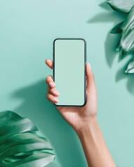 Poster - Mobile Authentication Concept with Hand Holding Smartphone for Thumb Biometric Scan in Calm Meditative Style with Soft Natural Lighting