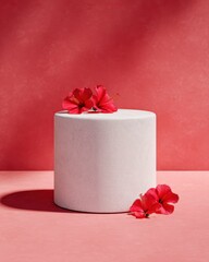 Poster - Minimalist Ceramic Podium with Red Hibiscus Petals on Crimson Background for Bold Product Display and Modern Branding Aesthetic