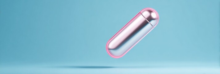 Poster - Modern Allergy Relief Concept with Sleek Metallic Epipen Case Floating in Minimalist Blue Background for Health Awareness and Safety