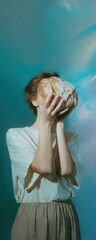 Poster - Modern lifestyle portrait of woman holding gluten-free bread loaf covering half her face in light casual outfit with natural sunlight