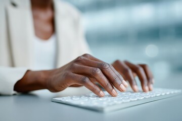 Poster - Inclusive Technology Workspace with Visually Impaired Woman Using Braille Display and Desktop Keyboard in Minimalist Industrial Style