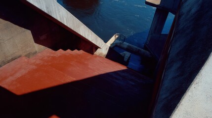 Aufkleber - Dramatic Architectural Composition of Concrete Staircase with Deep Shadows and Triadic Color Palette Highlighting Urban Infrastructure Design