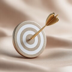 Poster - Luxurious Gold Dart in Bullseye on Textured Champagne Target Board Symbolizing Precision Success and Leadership Focus with Elegant Metallic Aesthetic