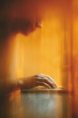 Aufkleber - Industrial Warm-Toned Businessman Using Laptop for Digital Invoicing with E-Billing Dashboard and Tax Processing Interface in Amber Lighting