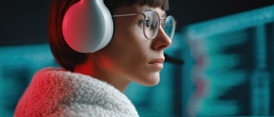 Poster - Cybersecurity Training with Young Woman Wearing Headset Analyzing Network Data on Multiple Monitors in Bold Red and Black Tech Setting