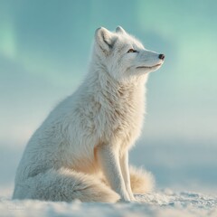 Poster - Serene Arctic Fox Amid Snow with Vibrant Aurora Borealis Backdrop for Wildlife Conservation and Eco Branding Visuals