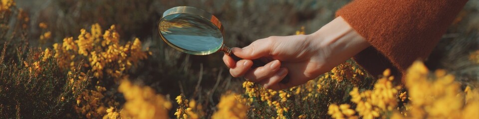 Aufkleber - Warm Ambient Air Quality Inspection with Magnifying Glass in Natural Setting, Cozy Textures and Earth Tone Palette for Environmental Health Branding