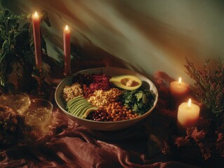 Aufkleber - Warm Moody Plant-Based Protein Bowl with Avocado, Legumes, Grains, and Greens in Cozy Artistic Setting for Wellness Marketing and Eco Lifestyle Promotion