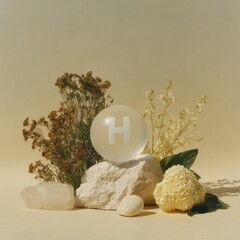 Poster - Minimalist Hydrogen Sphere Display on Natural Stone with Dried Botanicals Symbolizing Sustainable Energy and Eco-Friendly Innovation in Clean Tech