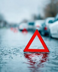 Poster - Emergency roadside warning triangle on wet flooded street with heavy rain and traffic in urban area for safety and disaster prevention awareness