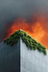 Poster - Modern Concrete Building Corner with Lush Greenery and Fiery Sunset Sky - Sustainable Architecture and Eco-Friendly Urban Design
