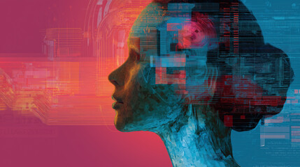 Poster - Digital artwork of human profile with vibrant colors and abstract patterns, symbolizing integration of technology and human consciousness. image evokes futuristic and innovative feel