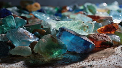 Aufkleber - Colorful pieces of recycled glass in various shapes and sizes are scattered on textured surface, creating vibrant and artistic display. glass pieces reflect light beautifully