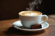 © Prasert - Steaming milk coffee, creamy foam, beside decadent chocolate cake , drinkphotography, hot