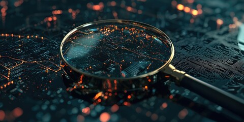 Poster - A magnifying glass inspecting network elements, representing network diagnostics and problem-solving.