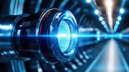 Poster - Advanced Technology with Bright Blue Light Emitting from Futuristic Metallic Device in Tunnel