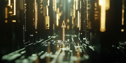 Poster - A futuristic data chart showing the progress of digital transformation, with arrows pointing upwards and digital elements representing technological growth.