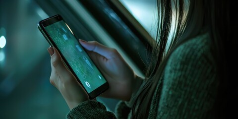Poster - woman hand using smart phone in concept internet of things with