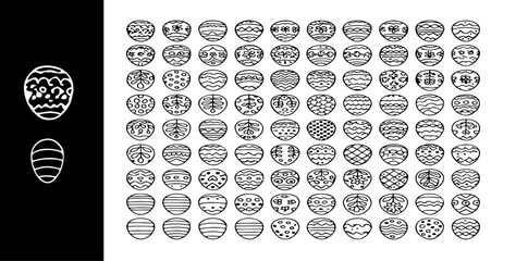 Poster - Monochrome image showing a collection of easter eggs with various patterns and designs on a white background
