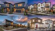© Zebra - Four modern townhomes, showcased at sunset, in a variety of architectural styles.  Exterior shots of homes with garages, windows, and landscaping.  Evening light highlights the architectural details