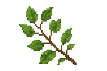 Fototapete - Simple pixel art depicting a brown branch with vibrant green leaves, isolated on a transparent background