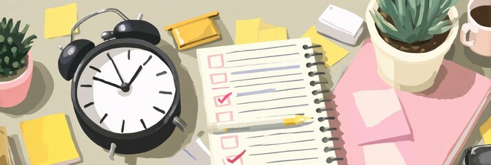 Poster - Effective Time Management With Clock, Notebook, and Task Lists Promoting Productivity at a Desk
