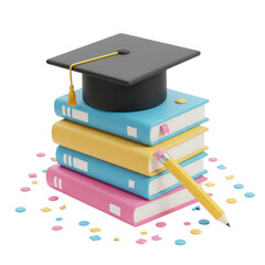 Poster - Graduation cap on stack of books with pencil and confetti on a white background