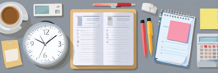 Poster - Time Management Tools Including a Clock, Notebook, and Essential Tasks Promote Productivity and Organization in Ones Workspace