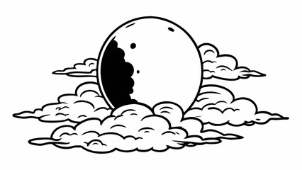 Poster - Illustration of a full moon partially obscured by dark clouds in a simple black and white design created with generated ai
