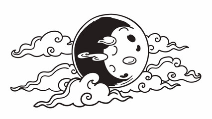 Aufkleber - Illustration of a moon with clouds in black and white line art style with simple and clean design created with generated ai