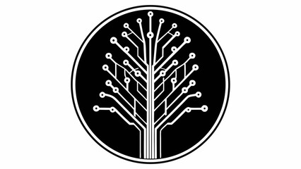 Poster - Circuit tree illustration inside a black circle with white lines and nodes design element created with generated ai