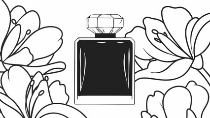 Poster - Elegant perfume bottle with geometric cap surrounded by blooming floral arrangements in black and white created with generated ai