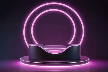 Poster - Futuristic neon lit 3d podium mockup for product display showcase with glowing ring technology concept modern exhibition stage