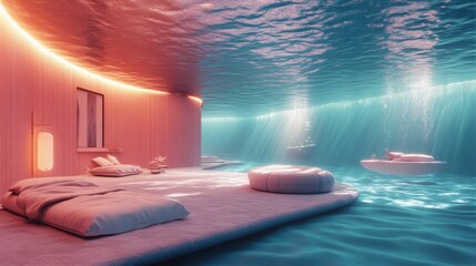 Wall Mural - an exquisite underwater room awaits exploration. the serene blue waters and soft lighting create a t