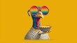 © Hanzala - Turkey wearing funky rainbow goggles and eating a mini pumpkin pie, ironic feast, yellow background