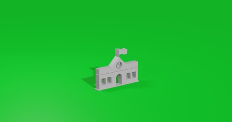 Poster - Isolated realistic white school building symbol front view with shadow. 3d illustration on green chroma key background