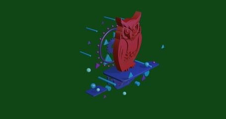 Poster - Red owl symbol on a pedestal of abstract geometric shapes floating in the air. Abstract concept art with flying shapes in the center. 3d illustration on green background