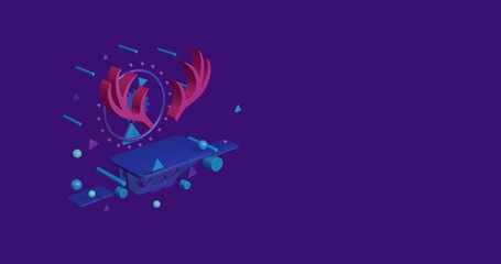 Poster - Pink deer horns symbol on a pedestal of abstract geometric shapes floating in the air. Abstract concept art with flying shapes on the left. 3d illustration on deep purple background